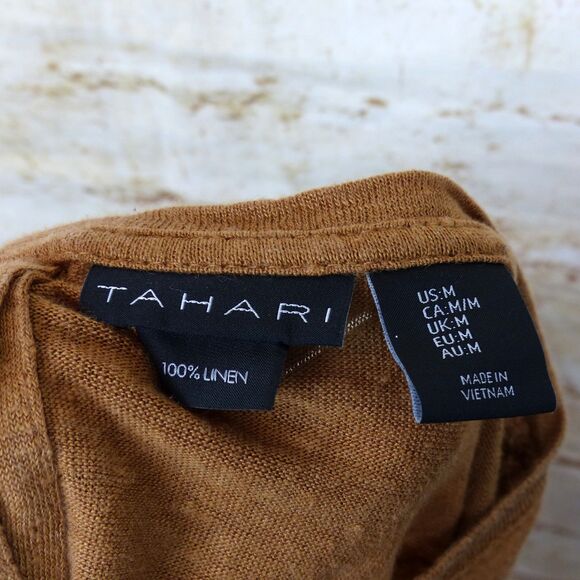 Tahari Top Women M Caramel Brown 100% Linen Tee Cap Sleeve Button Back Split Hem - Picture 7 of 9